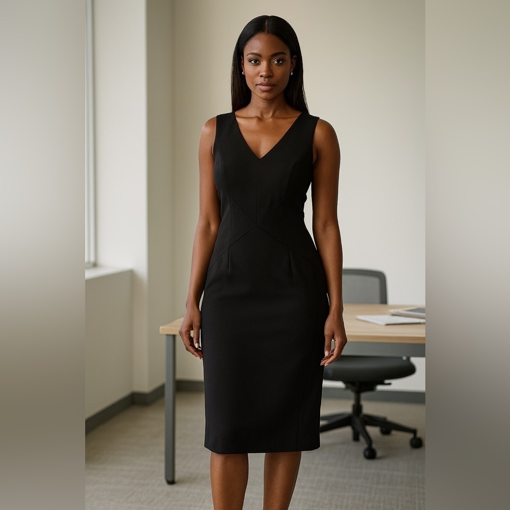 Vintage Episode 100% wool elegant sheath dress Black V Neckline Size 8​​​​​​​​​​
